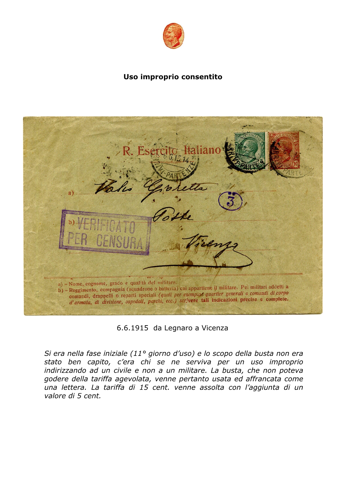 La busta postale R. Esercito Italiano 201511