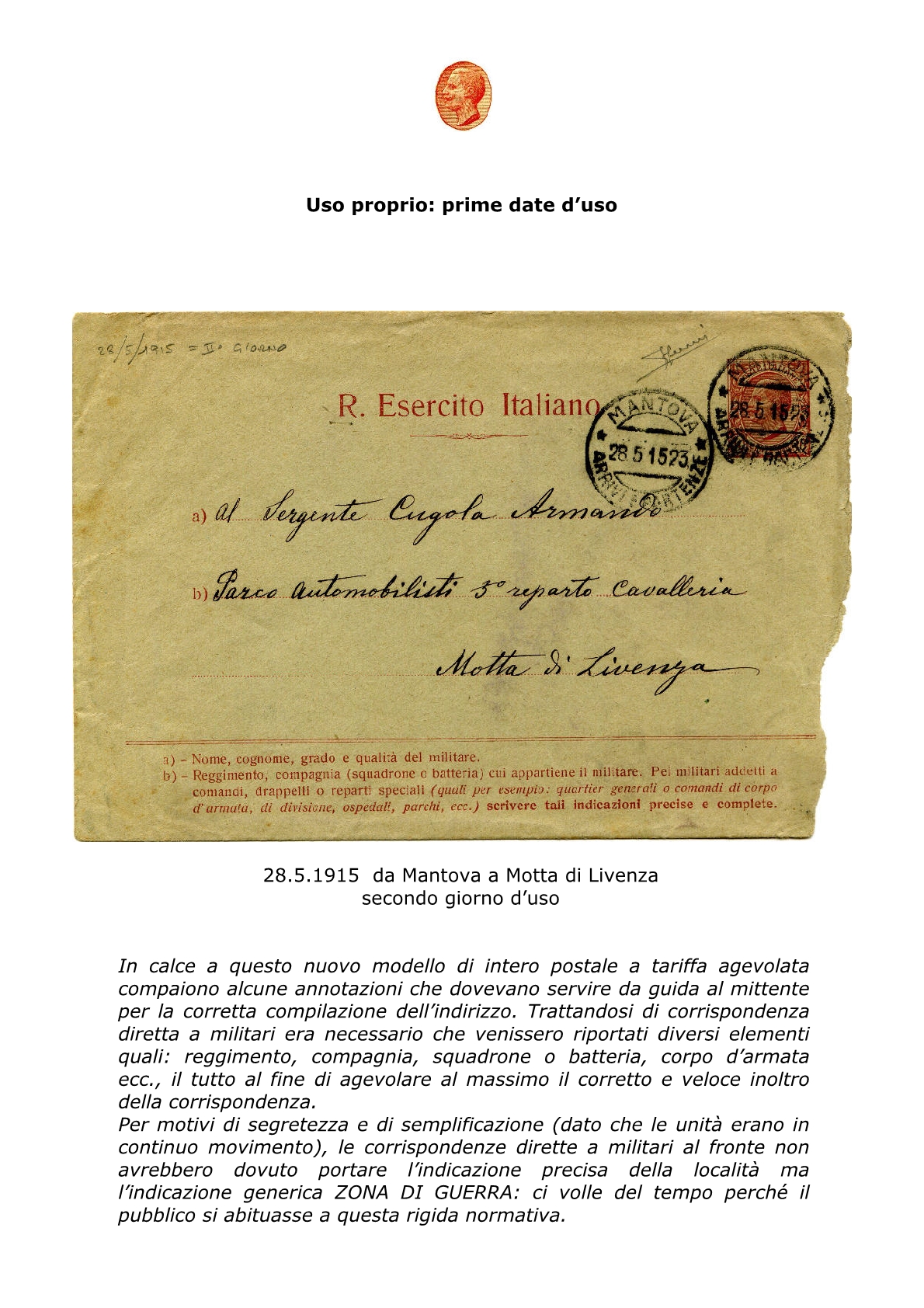 La busta postale R. Esercito Italiano 20153