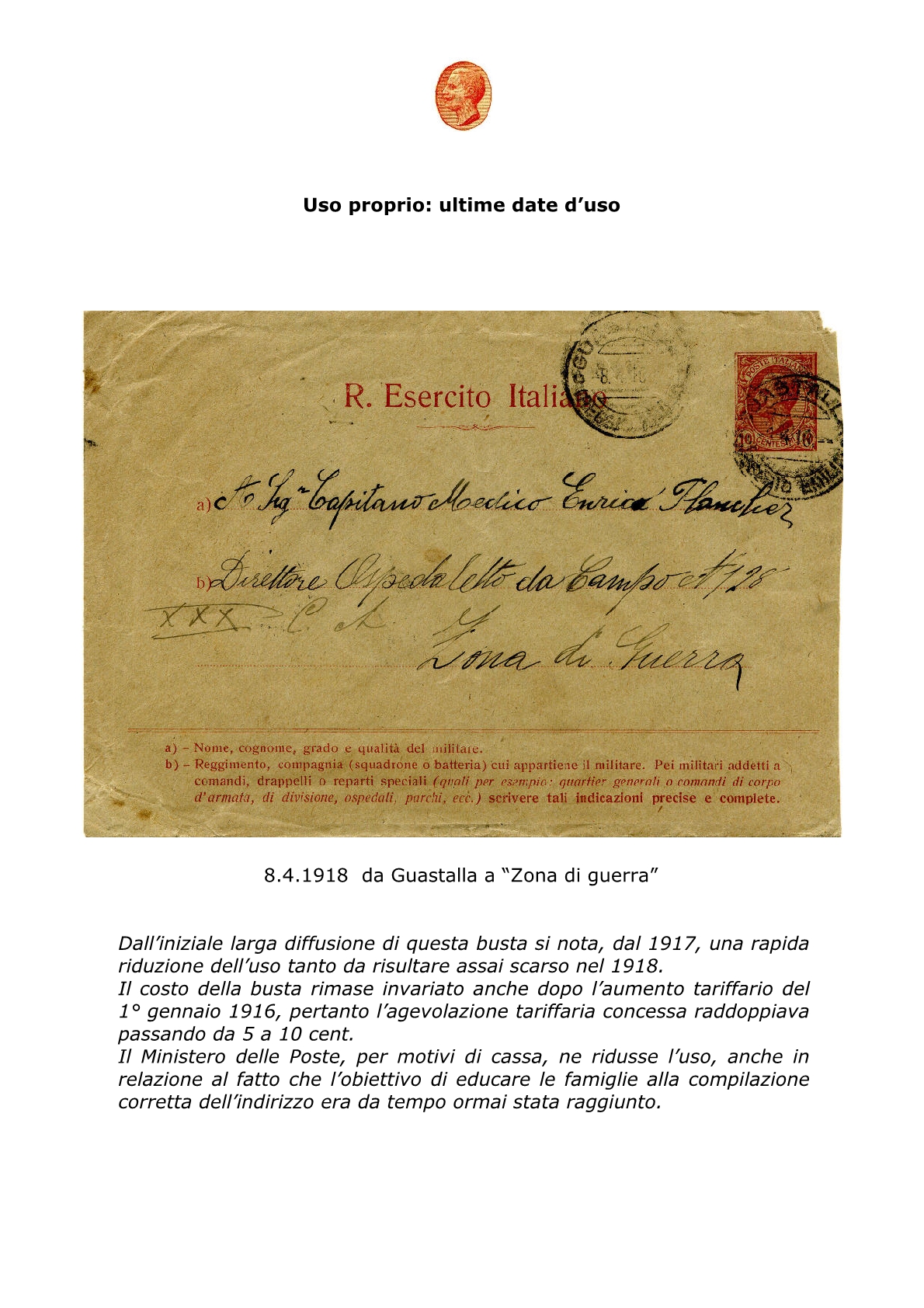 La busta postale R. Esercito Italiano 20155